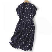 Buddha Stones Polka Dot V-Neck Lace-up Cotton Linen Women's Midi Dress With Pockets - Navy - US8-10，UK/AU12-14，EU40-42 (2XL) - image 1