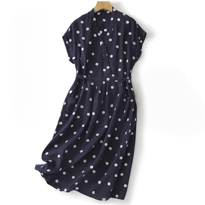 Buddha Stones Polka Dot V-Neck Lace-up Cotton Linen Women's Midi Dress With Pockets - Navy - US8-10，UK/AU12-14，EU40-42 (2XL) - image 1