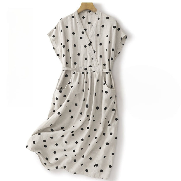 Buddha Stones Polka Dot V-Neck Lace-up Cotton Linen Women's Midi Dress With Pockets - White - US8-10，UK/AU12-14，EU40-42 (2XL) - image 9