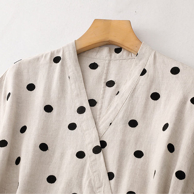Buddha Stones Polka Dot V-Neck Lace-up Cotton Linen Women's Midi Dress With Pockets - image 11