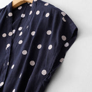 Buddha Stones Polka Dot V-Neck Lace-up Cotton Linen Women's Midi Dress With Pockets - image 3