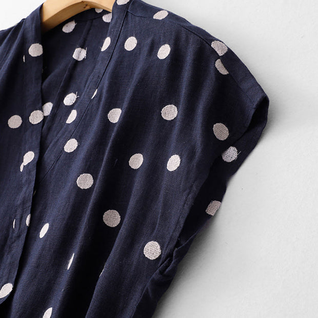 Buddha Stones Polka Dot V-Neck Lace-up Cotton Linen Women's Midi Dress With Pockets - image 3