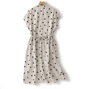 Buddha Stones Polka Dot V-Neck Lace-up Cotton Linen Women's Midi Dress With Pockets - image 10