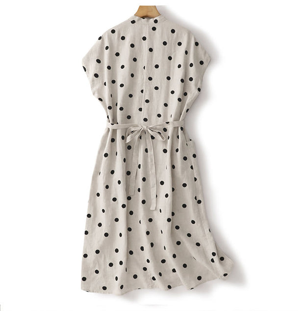 Buddha Stones Polka Dot V-Neck Lace-up Cotton Linen Women's Midi Dress With Pockets - image 10
