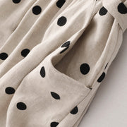 Buddha Stones Polka Dot V-Neck Lace-up Cotton Linen Women's Midi Dress With Pockets - image 14