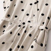 Buddha Stones Polka Dot V-Neck Lace-up Cotton Linen Women's Midi Dress With Pockets - image 13