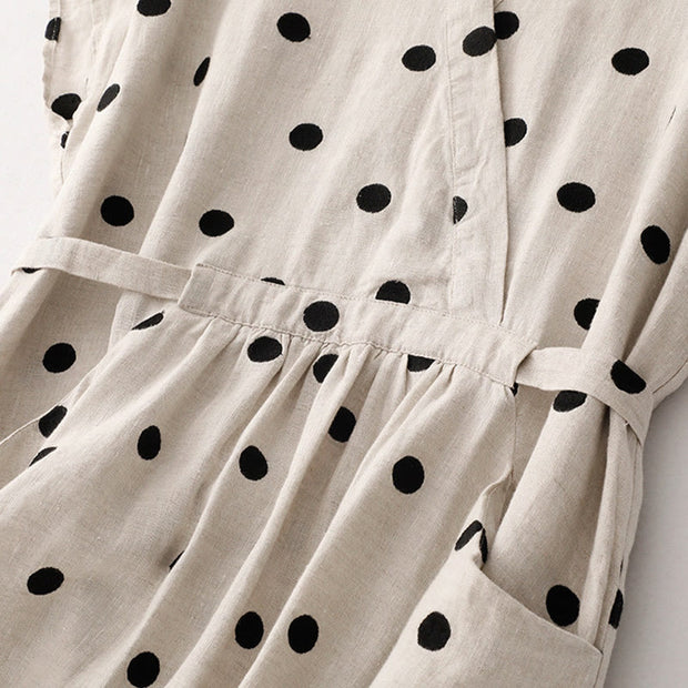 Buddha Stones Polka Dot V-Neck Lace-up Cotton Linen Women's Midi Dress With Pockets - image 13