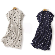 Buddha Stones Polka Dot V-Neck Lace-up Cotton Linen Women's Midi Dress With Pockets - image 20