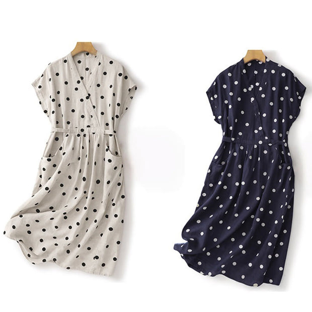 Buddha Stones Polka Dot V-Neck Lace-up Cotton Linen Women's Midi Dress With Pockets - image 20