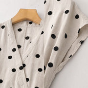 Buddha Stones Polka Dot V-Neck Lace-up Cotton Linen Women's Midi Dress With Pockets - image 17