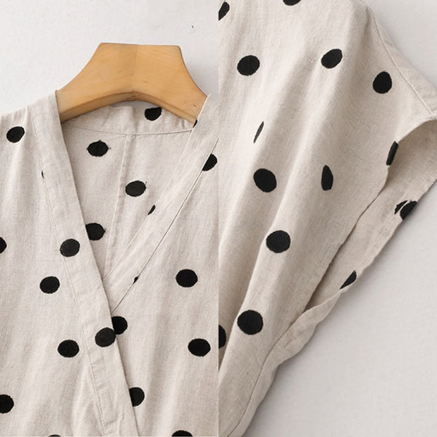 Buddha Stones Polka Dot V-Neck Lace-up Cotton Linen Women's Midi Dress With Pockets - image 17