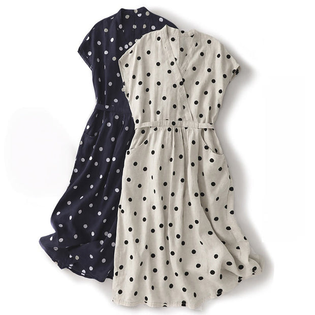 Buddha Stones Polka Dot V-Neck Lace-up Cotton Linen Women's Midi Dress With Pockets - image 19