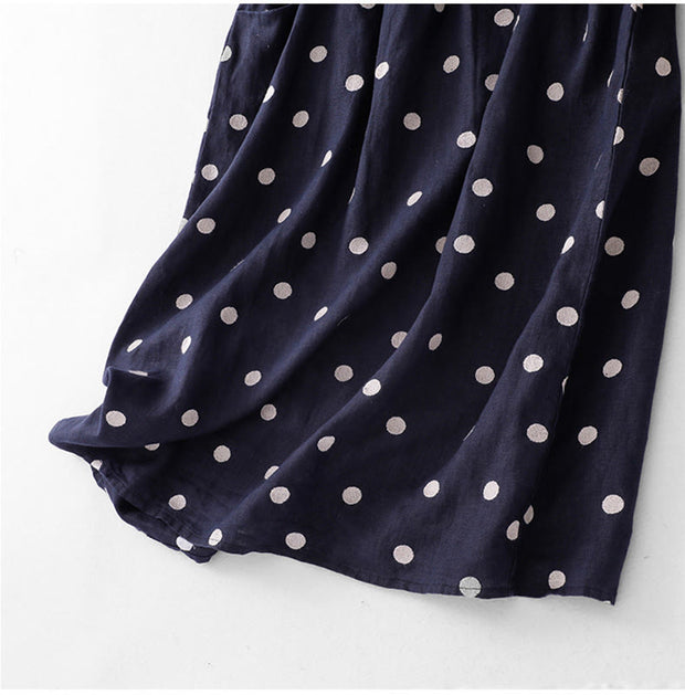 Buddha Stones Polka Dot V-Neck Lace-up Cotton Linen Women's Midi Dress With Pockets - image 8