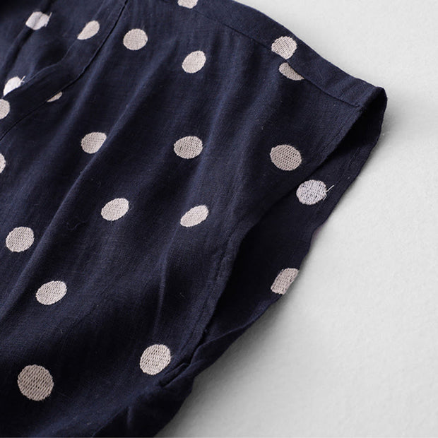 Buddha Stones Polka Dot V-Neck Lace-up Cotton Linen Women's Midi Dress With Pockets - image 7