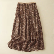 Buddha Stones Floral A-line Elastic Waist Cotton Linen Women's Skirt With Pockets - SaddleBrown - US8-10，UK/AU12-14，EU40-42 (2XL) - image 1