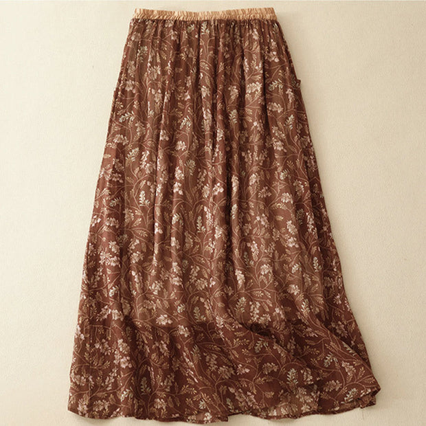 Buddha Stones Floral A-line Elastic Waist Cotton Linen Women's Skirt With Pockets - image 3