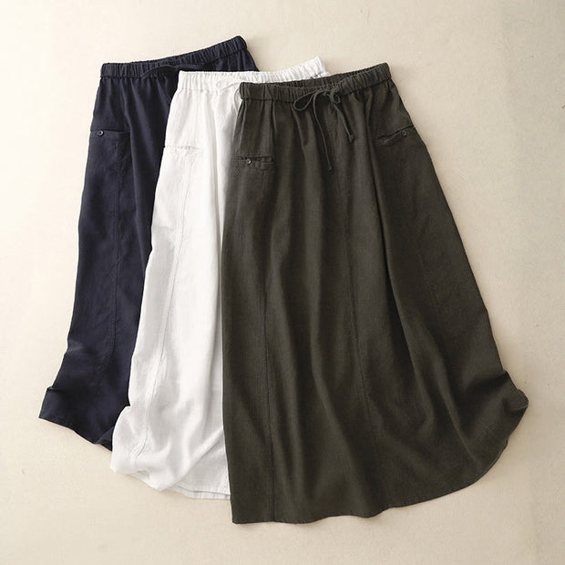 Buddha Stones Drawstring A-line Elastic Waist Cotton Women's Skirt With Button Pockets - image 2