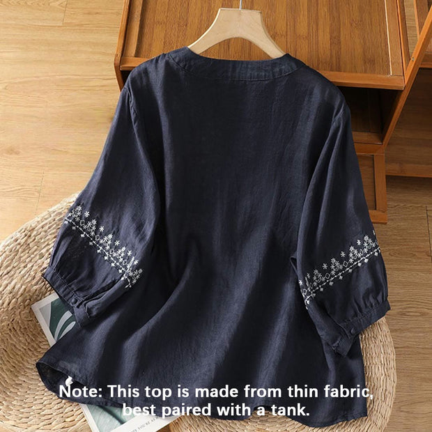 Buddha Stones Symmetrical Embroidery Cotton Women's Crew Neck Shirt - image 2