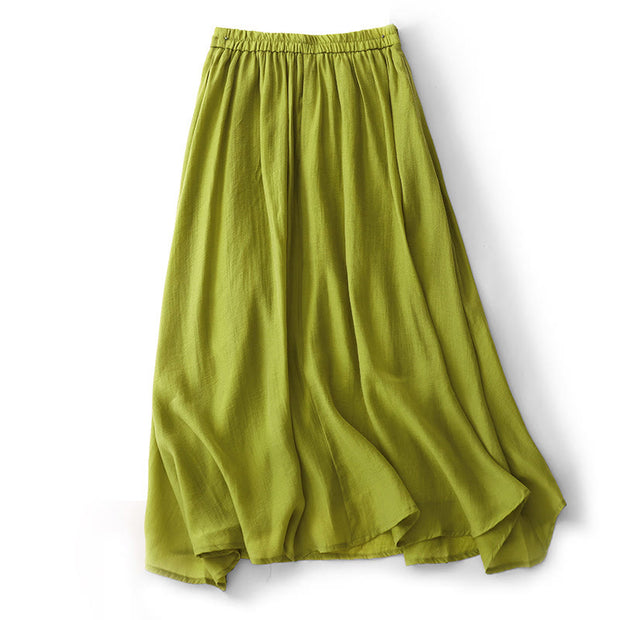 Buddha Stones Simple Pleated Design Elastic Waist Women's Skirt With Pockets