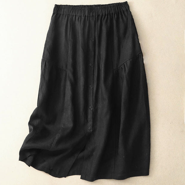 Buddha Stones A-line Buttons Slit Design Elastic Waist Cotton Women's Skirt With Pockets - Black - US12，UK/AU16，EU44 (2XL) - image 7