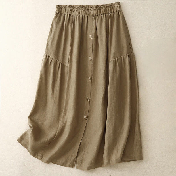 Buddha Stones A-line Buttons Slit Design Elastic Waist Cotton Women's Skirt With Pockets - Tan - US12，UK/AU16，EU44 (2XL) - image 20