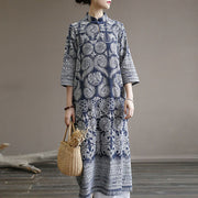 Buddha Stones Blue And White Porcelain Pattern Frog-button Midi Dress Three Quarter Sleeve Linen Batik Dress With Pockets