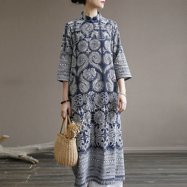 Buddha Stones Blue And White Porcelain Pattern Frog-button Midi Dress Three Quarter Sleeve Linen Batik Dress With Pockets 5