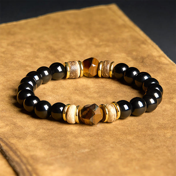 Buddha Stones Black Obsidian Beads Sectional Tiger Eye Stone Purification Bracelet - Black Obsidian & Tiger Eye(Wrist Circumference: 15-17cm) - image 1