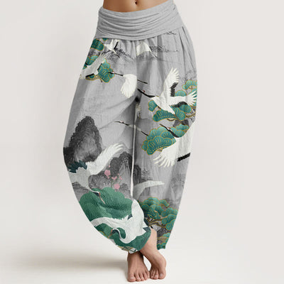 Buddha Stones Casual Cranes Green Pine Trees Landscape Pattern Women's Harem Pants - LightGrey - US22，UK/AU26，EU54 (6XL) - image 1