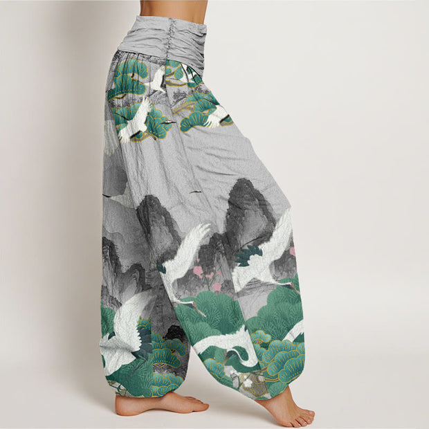 Buddha Stones Casual Cranes Green Pine Trees Landscape Pattern Women's Harem Pants - image 3