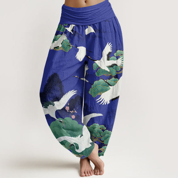Buddha Stones Casual Cranes Green Pine Trees Landscape Pattern Women's Harem Pants - Indigo - US22，UK/AU26，EU54 (6XL) - image 5