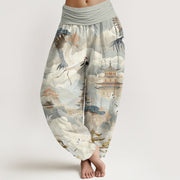 Buddha Stones Casual Cranes Clouds Pagodas Pattern Women's Harem Pants - DarkSeaGreen - US22，UK/AU26，EU54 (6XL) - image 1