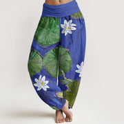 Buddha Stones Casual Green Lotus Leaves White Flowers Pattern Women's Harem Pants - SlateBlue - US22，UK/AU26，EU54 (6XL) - image 1