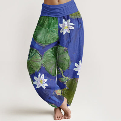 Buddha Stones Casual Green Lotus Leaves White Flowers Pattern Women's Harem Pants - SlateBlue - US22，UK/AU26，EU54 (6XL) - image 1