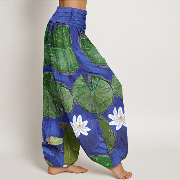 Buddha Stones Casual Green Lotus Leaves White Flowers Pattern Women's Harem Pants - image 3