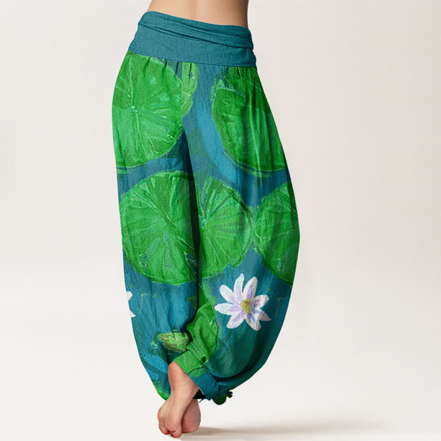 Buddha Stones Casual Green Lotus Leaves White Flowers Pattern Women's Harem Pants - image 7