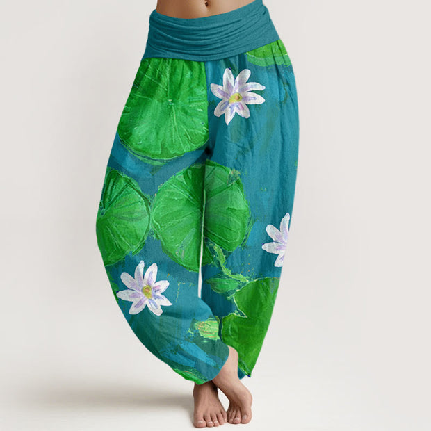 Buddha Stones Casual Green Lotus Leaves White Flowers Pattern Women's Harem Pants - LightSeaGreen - US22，UK/AU26，EU54 (6XL) - image 6