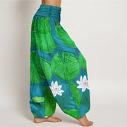 Buddha Stones Casual Green Lotus Leaves White Flowers Pattern Women's Harem Pants - image 8