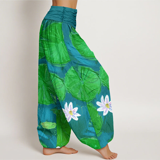 Buddha Stones Casual Green Lotus Leaves White Flowers Pattern Women's Harem Pants - image 8