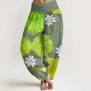 Buddha Stones Casual Green Lotus Leaves White Flowers Pattern Women's Harem Pants - DarkSeaGreen - US22，UK/AU26，EU54 (6XL) - image 9