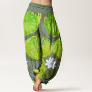 Buddha Stones Casual Green Lotus Leaves White Flowers Pattern Women's Harem Pants - image 10