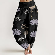 Buddha Stones Casual Lotus Flowers Lanterns Cloud Pattern Women's Harem Pants - Black - US22，UK/AU26，EU54 (6XL) - image 8