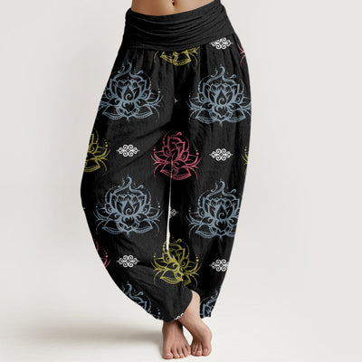 Buddha Stones Casual Various Colors Lotus Flowers Pattern Women's Harem Pants - Black - US22，UK/AU26，EU54 (6XL) - image 1