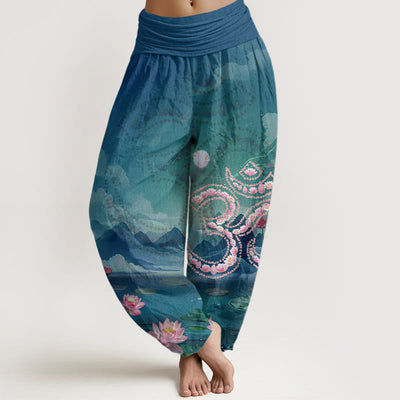 Buddha Stones Casual Lotus Flowers Om Symbol Mountains Lake Pattern Women's Harem Pants - Teal - US22，UK/AU26，EU54 (6XL) - image 1