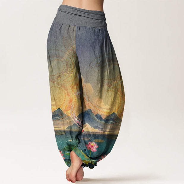 Buddha Stones Casual Lotus Flowers Om Symbol Mountains Lake Pattern Women's Harem Pants - image 6