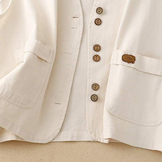 Buddha Stones Solid Color Front Buttons Sleeveless Women's Cotton Waistcoat With Pockets - image 17