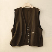 Buddha Stones Solid Color Front Buttons Sleeveless Women's Cotton Waistcoat With Pockets - SaddleBrown - US8-10，UK/AU12-14，EU40-42 (2XL) - image 9