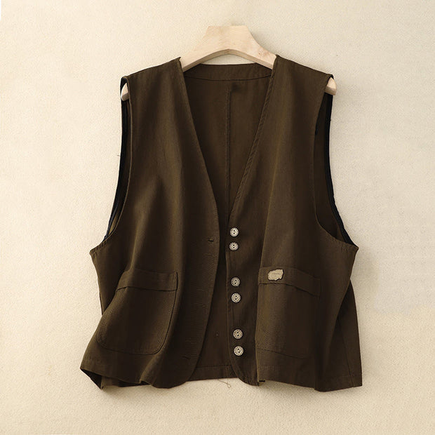 Buddha Stones Solid Color Front Buttons Sleeveless Women's Cotton Waistcoat With Pockets - SaddleBrown - US8-10，UK/AU12-14，EU40-42 (2XL) - image 9