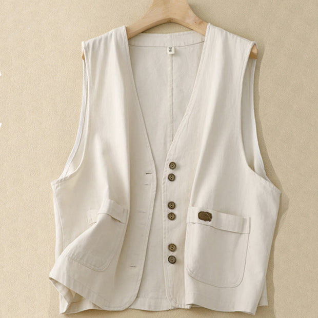 Buddha Stones Solid Color Front Buttons Sleeveless Women's Cotton Waistcoat With Pockets - Beige - US8-10，UK/AU12-14，EU40-42 (2XL) - image 14