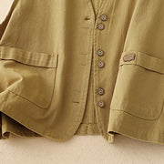 Buddha Stones Solid Color Front Buttons Sleeveless Women's Cotton Waistcoat With Pockets - image 8